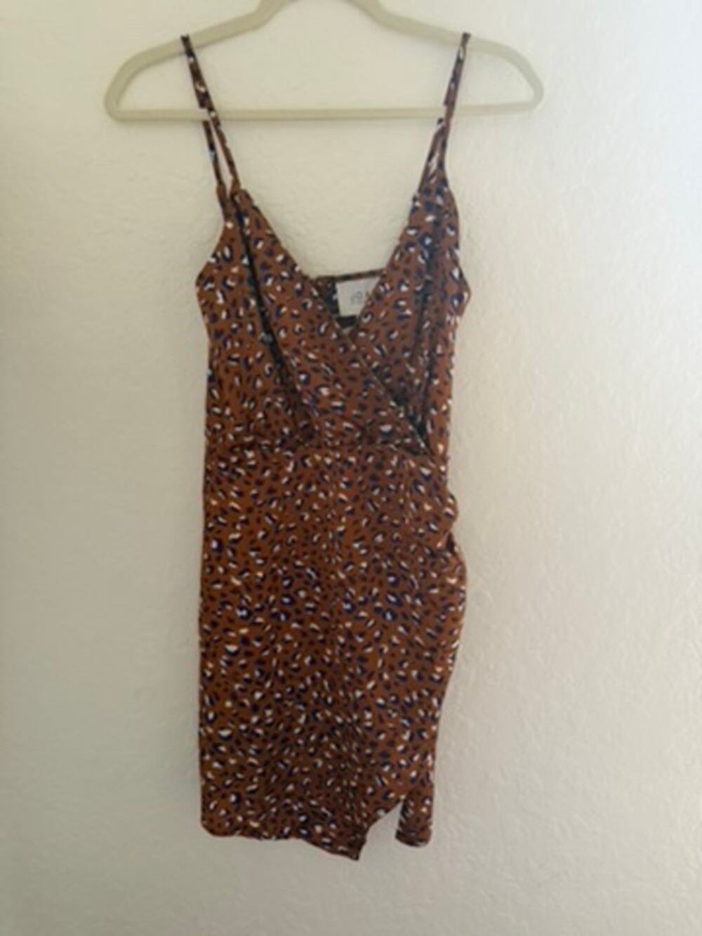 J.O.A. Brown Blue Leopard Ruched Asymmetrical Mini Dress NWT S